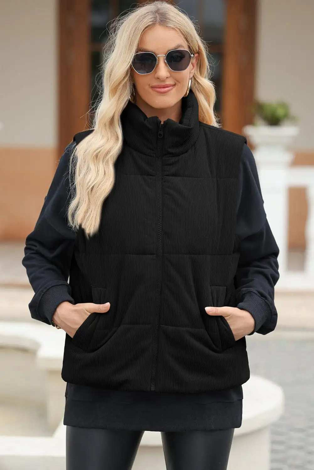Pocketed Zip Up Turtleneck Vest Coat - Trendsi - Flyclothing LLC