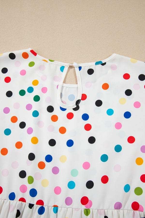 Polka Dot Short Sleeve Tiered Ruffled Babydoll Blouse - Trendsi - Flyclothing LLC