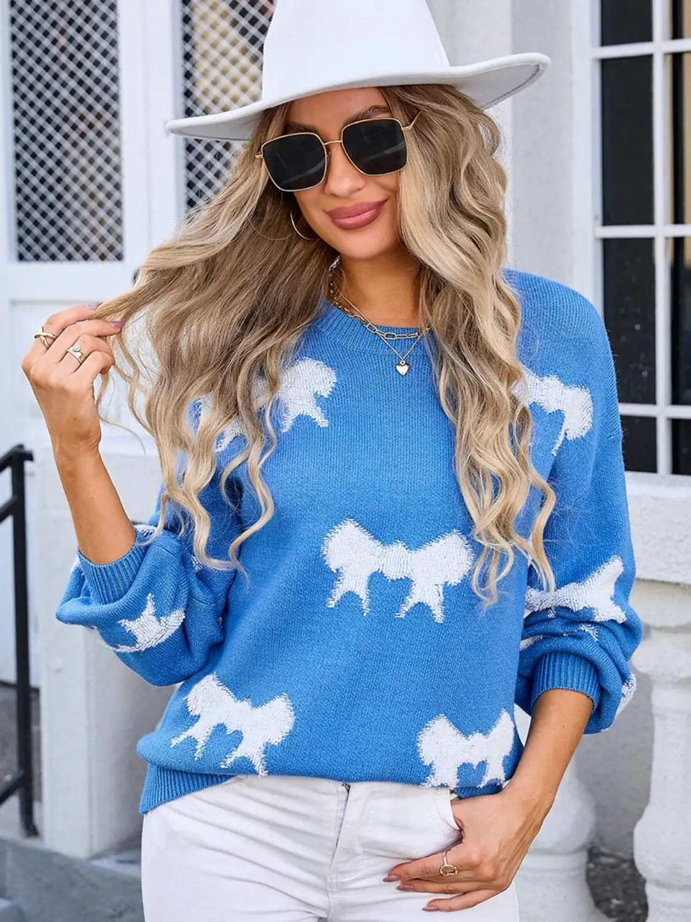Angel Wings Bow Round Neck Dropped Shoulder Sweater - Trendsi - Flyclothing LLC