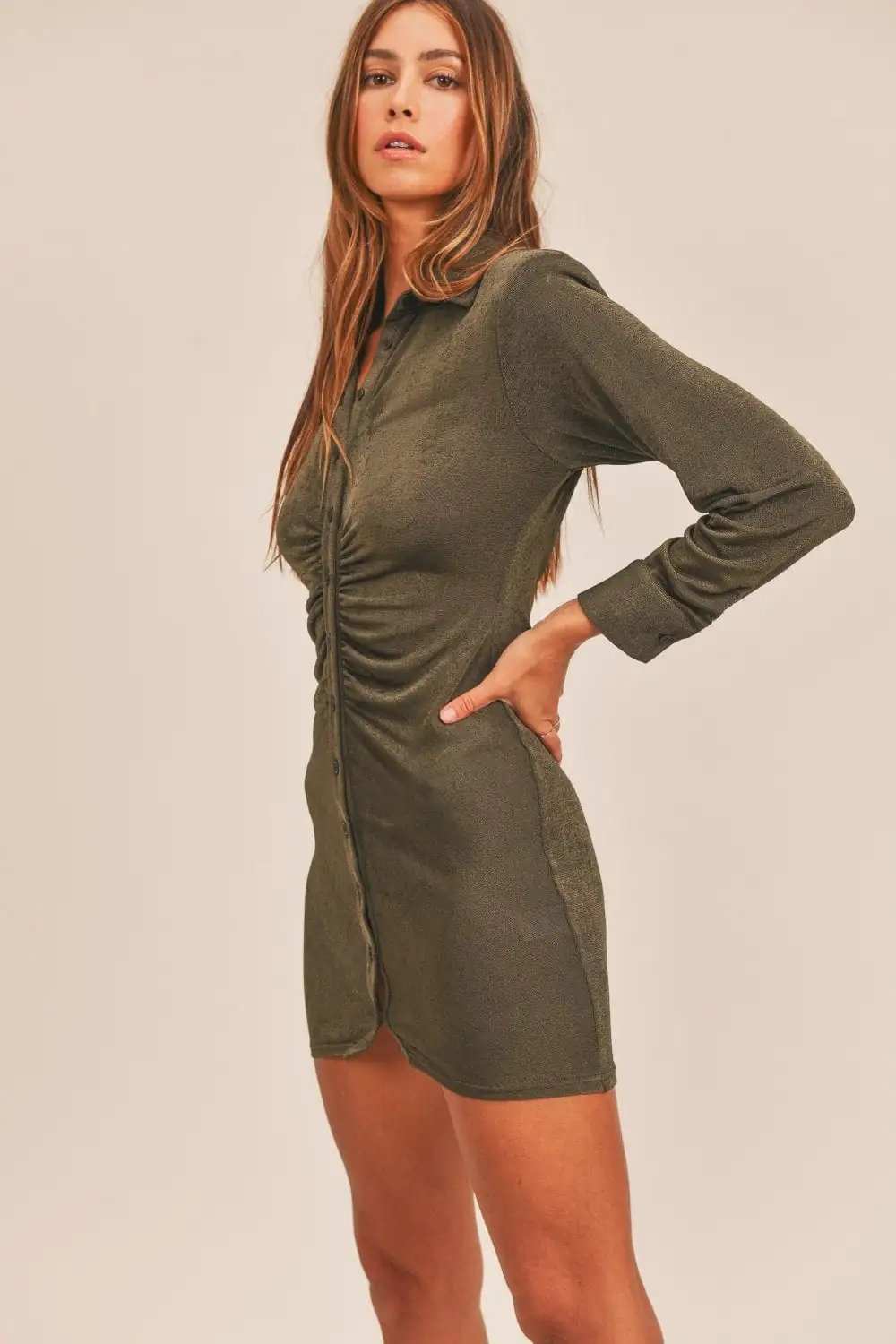 MABLE Front Ruched Button-Down Skinny Mini Shirt Dress - Trendsi - Flyclothing LLC