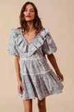 SO ME Cotton Printed Ruffle V Neckline Dress with Side Tie - Trendsi - Flyclothing LLC
