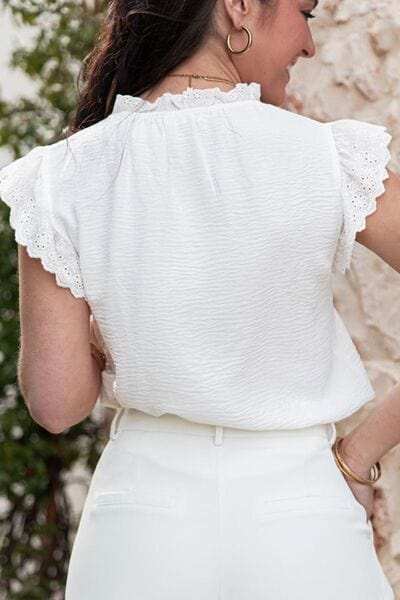 Ruffled Tie Neck Cap Sleeve Blouse - Trendsi - Flyclothing LLC