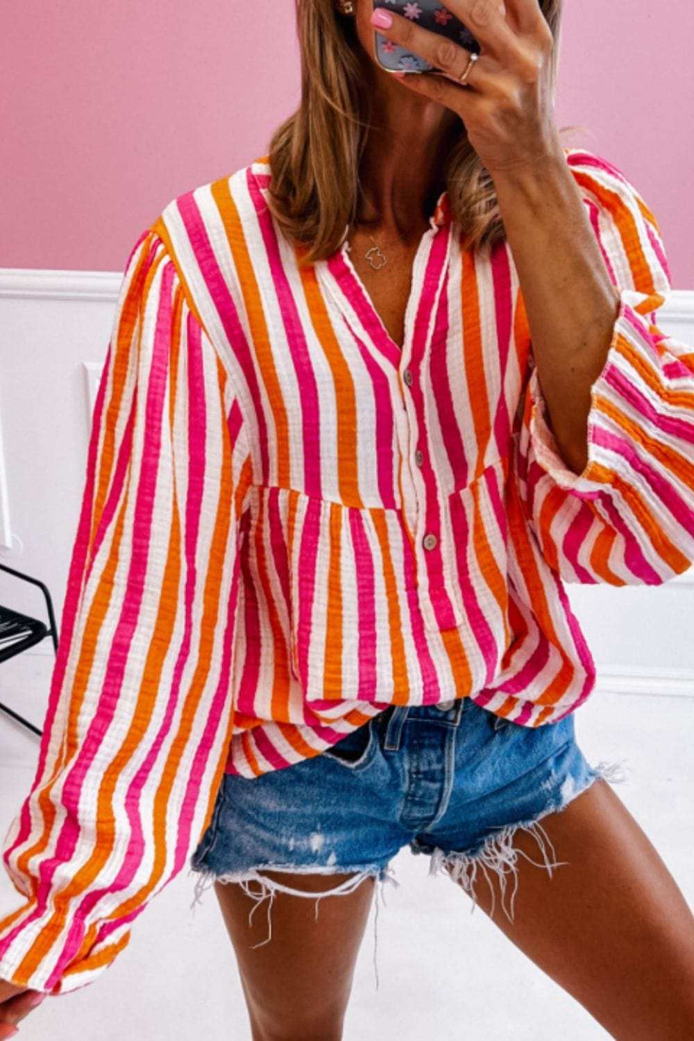 Striped Notched Flounce Sleeve Blouse - Trendsi - Flyclothing LLC