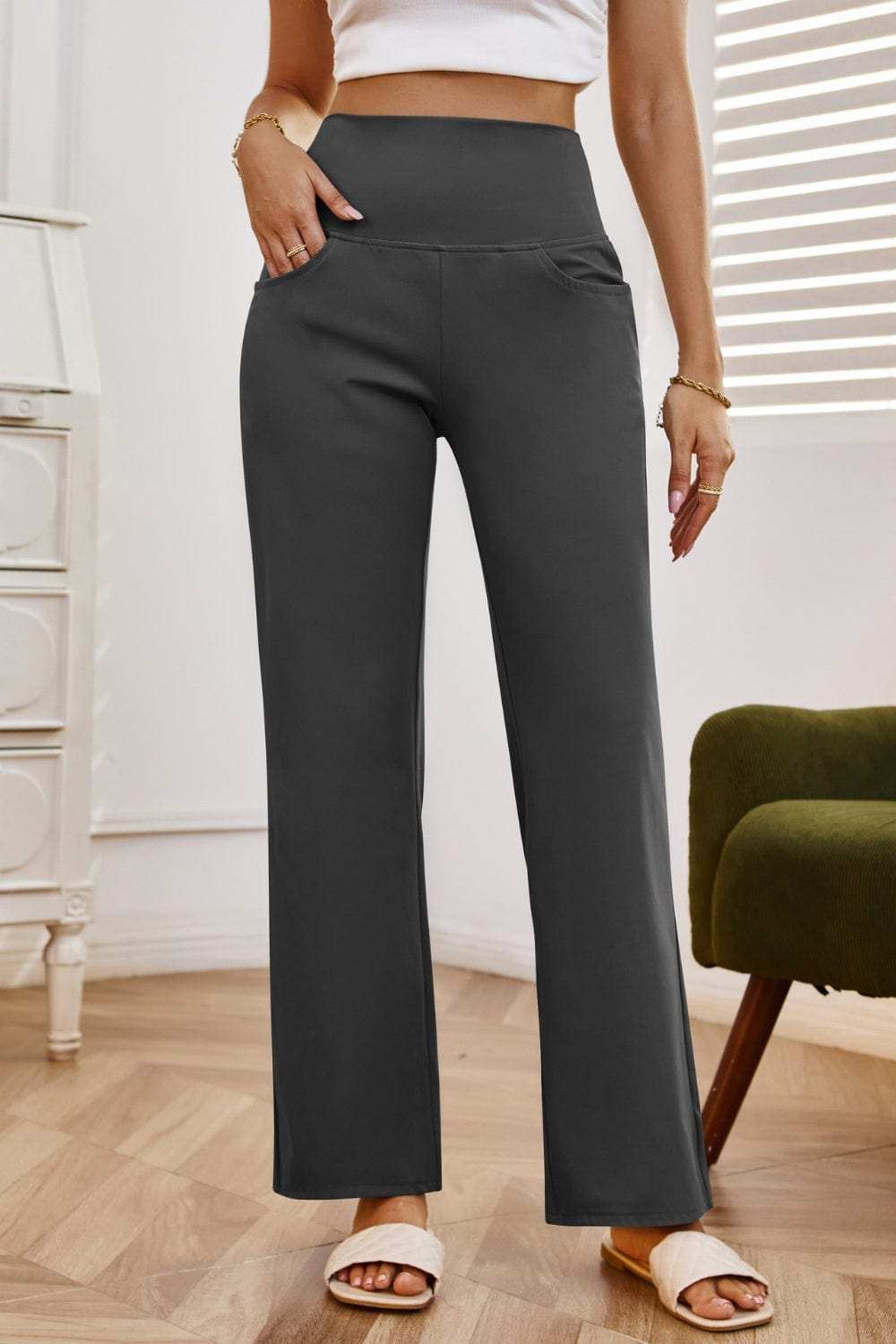 High Waist Wide Leg Pants with Pockets - Trendsi - Flyclothing LLC