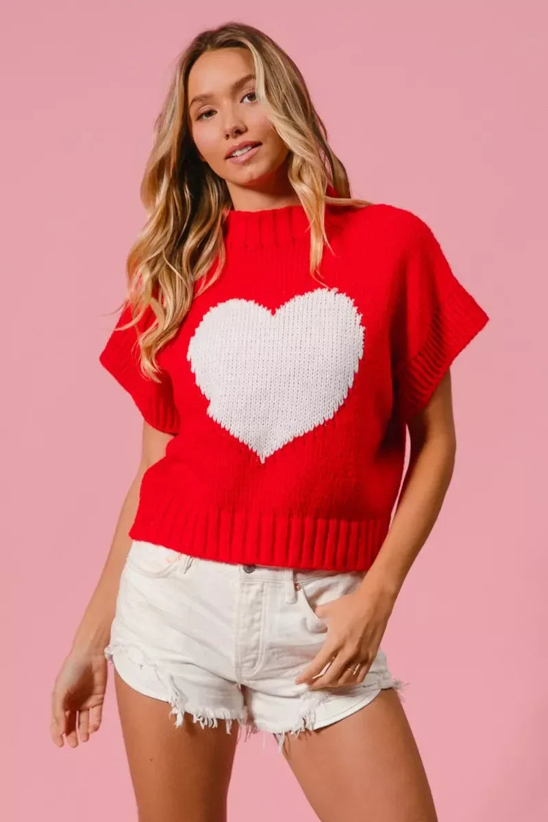 BiBi Rib Banded Heart Pattern Valentines Sweater - Trendsi - Flyclothing LLC