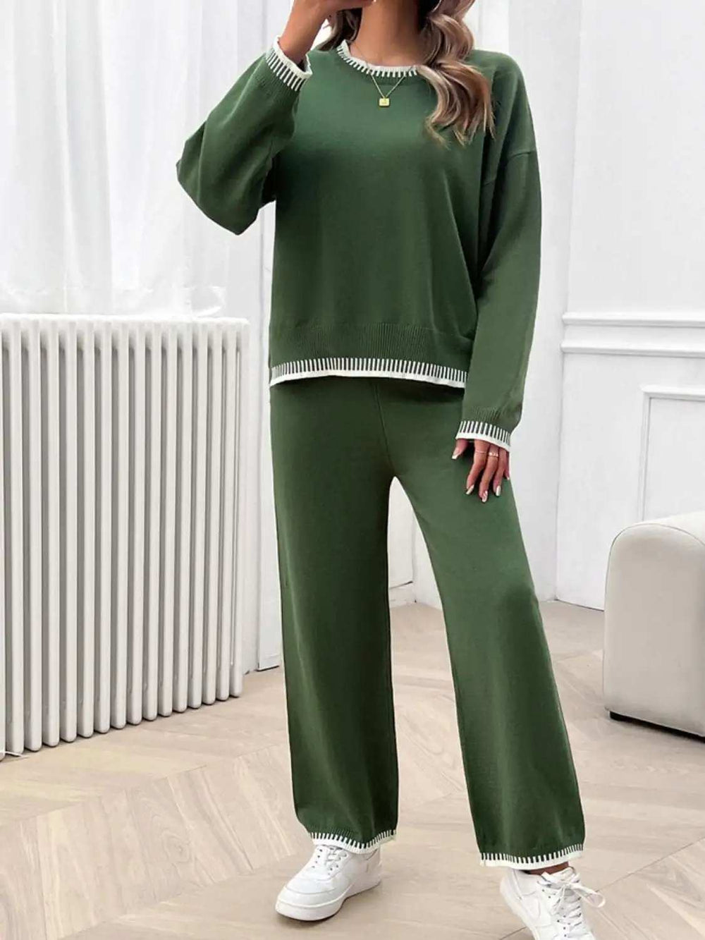 Round Neck Dropped Shoulder Top and Pants Sweater Set - Trendsi - Flyclothing LLC