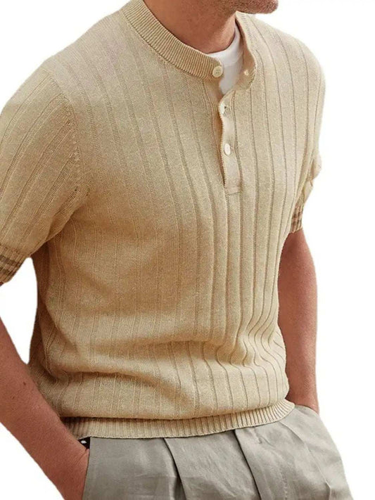 Men's Plus Size Ribbed Quarter Button Round Neck Striped Trim Polo - Trendsi - Flyclothing LLC