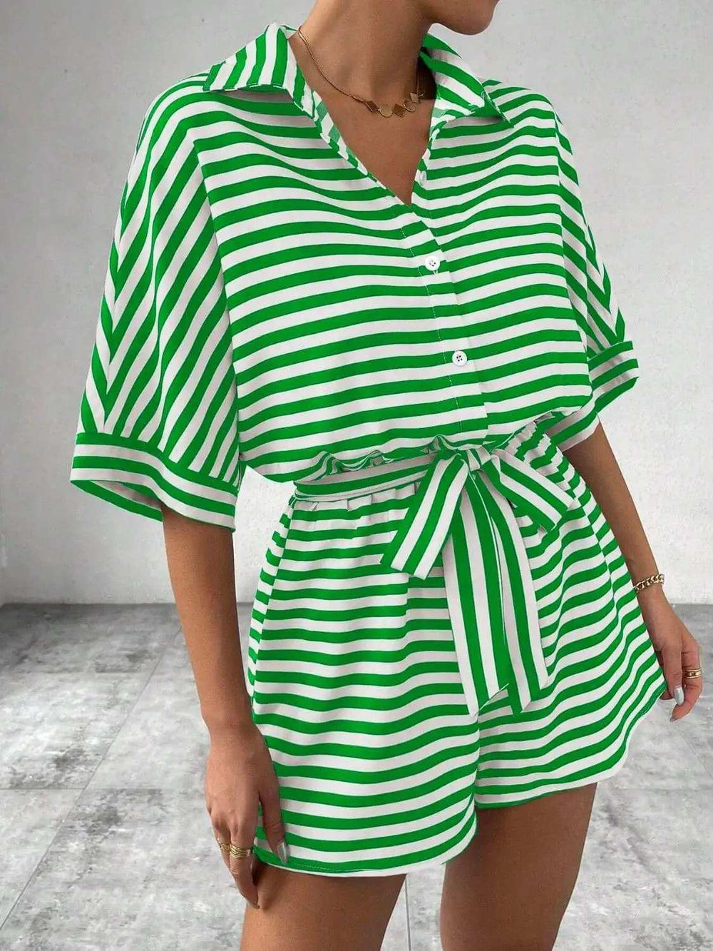 Tie Waist Half Button Striped Romper - Trendsi - Flyclothing LLC