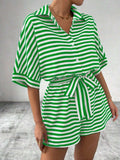 Tie Waist Half Button Striped Romper - Trendsi - Flyclothing LLC