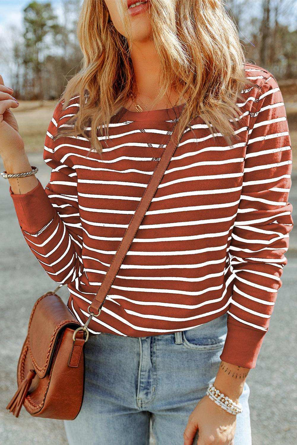 Striped Long Sleeve Round Neck Top - Trendsi - Flyclothing LLC
