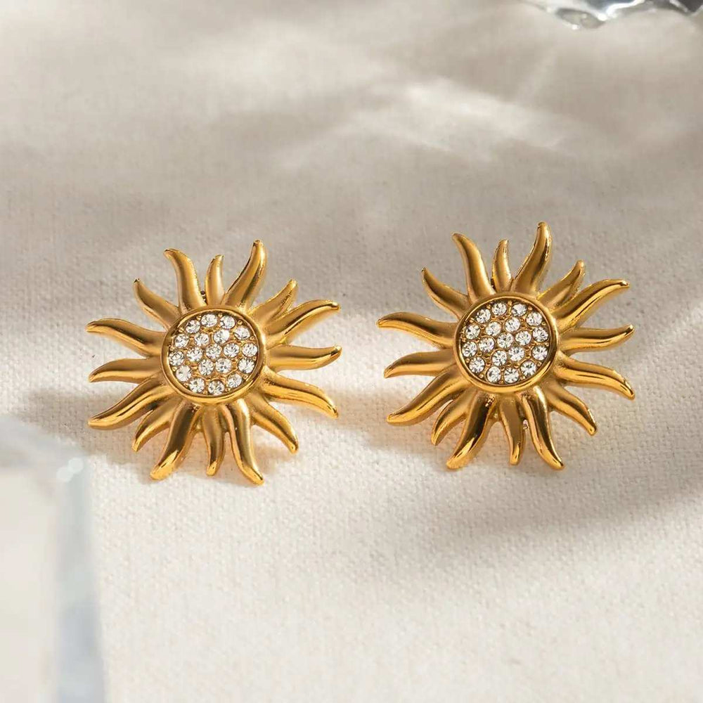 Stainless Steel Inlaid Rhinestone Sun Shape Stud Earrings - Trendsi - Flyclothing LLC