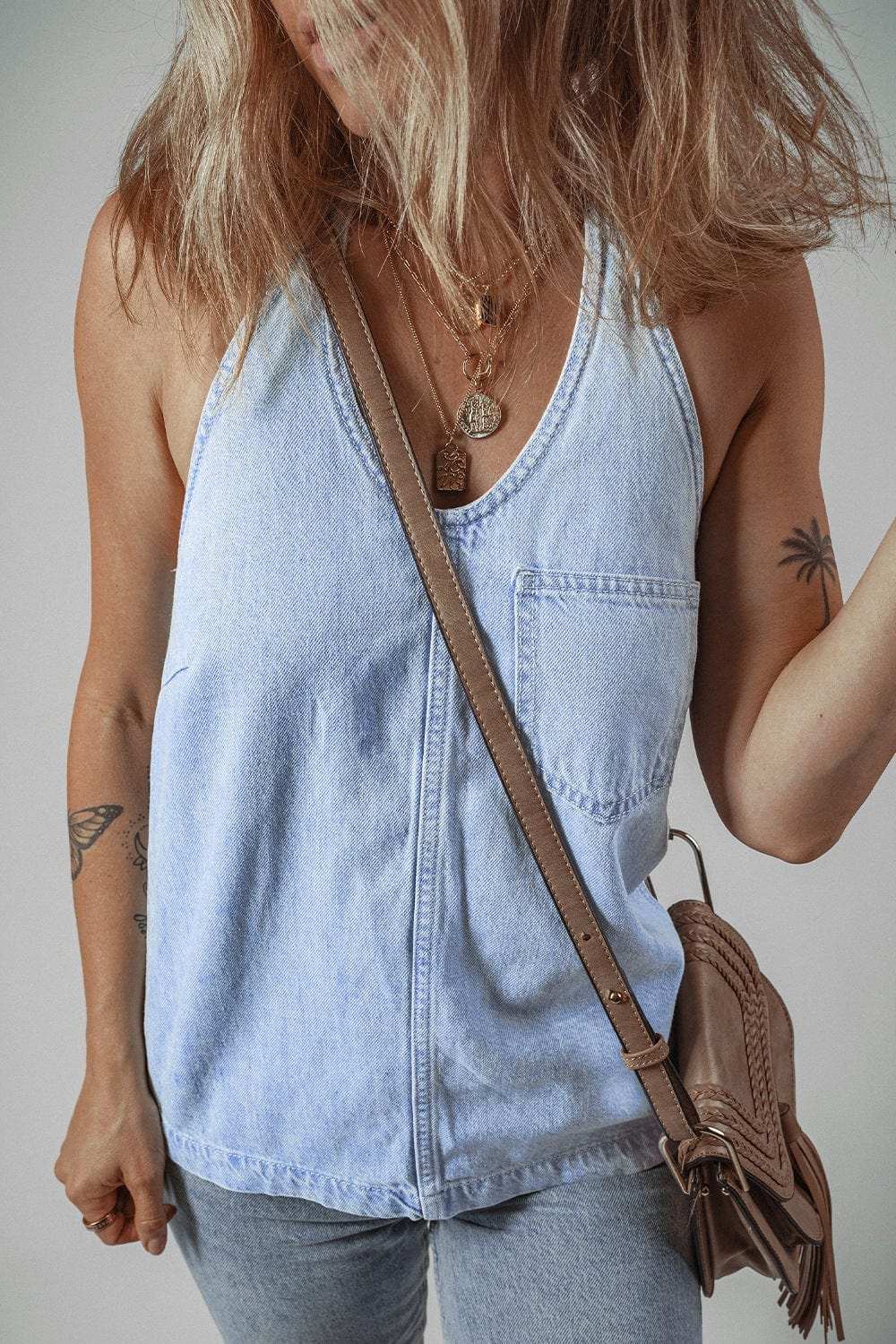 Backless Halter Neck Denim Top - Trendsi - Flyclothing LLC