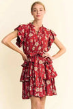 Davi & Dani Ruffle Flutter Sleeve Tie Belt Tiered Mini Dress - Trendsi - Flyclothing LLC