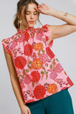 Umgee Full Size Floral Print Ruffled Cap Sleeve Blouse Plus Size - Trendsi - Flyclothing LLC
