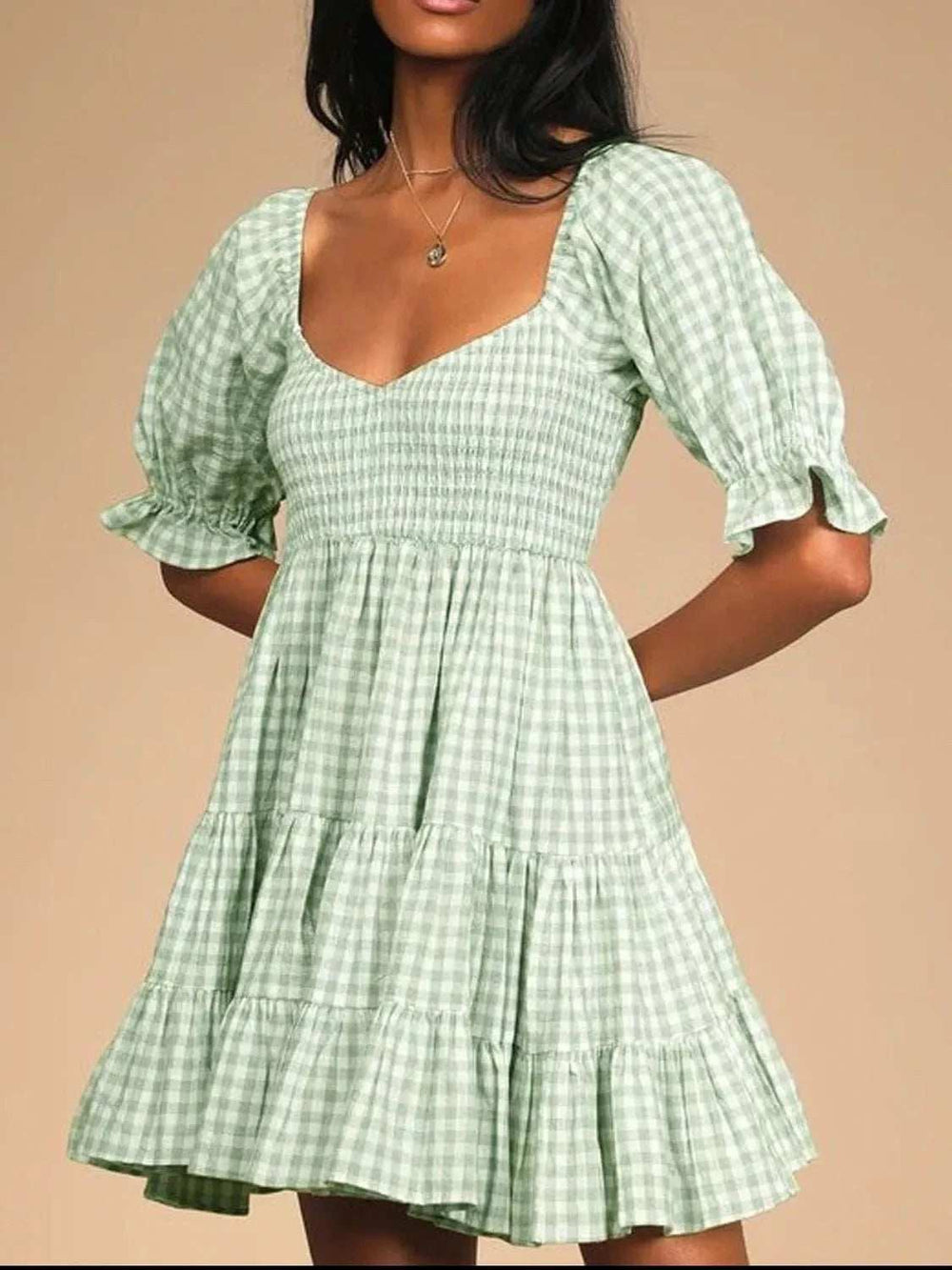 Ruffled Hem Plaid Half Sleeve Mini Dress - Trendsi - Flyclothing LLC