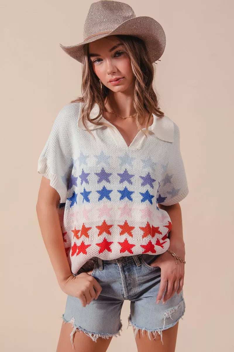SO ME Fourth Of July Stars Loose Fit Knit Top - Trendsi - Flyclothing LLC