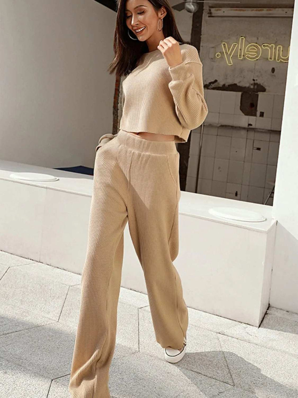 Waffle-Knit Round Neck Top and Pants Set - Trendsi - Flyclothing LLC