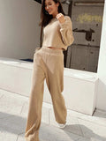 Waffle-Knit Round Neck Top and Pants Set - Trendsi - Flyclothing LLC