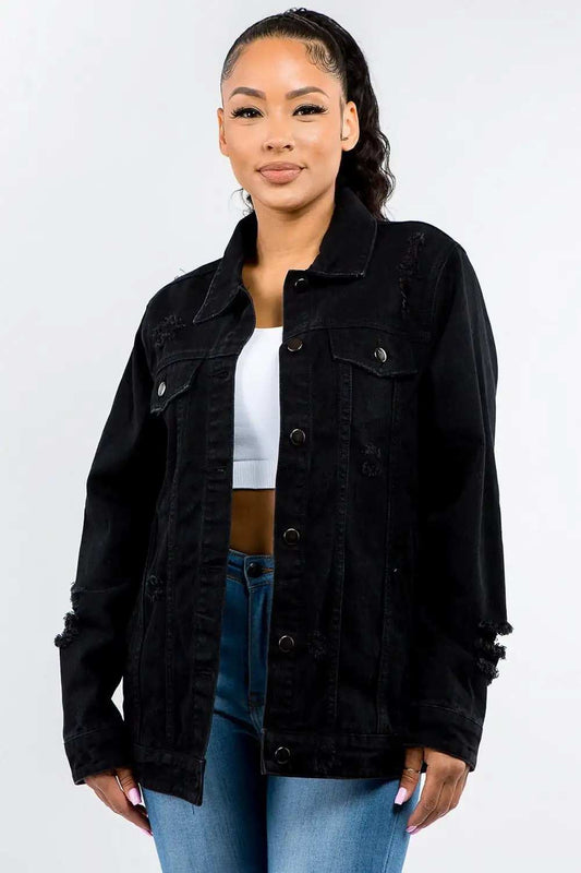 American Bazi Full Size Button Up Distressed Denim Jacket - Trendsi - Flyclothing LLC