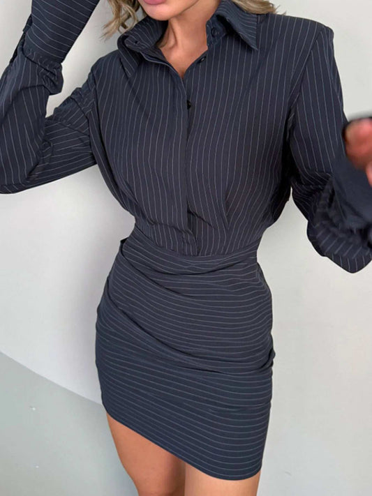 Striped Long Sleeve Shirt Dress - Trendsi - Flyclothing LLC