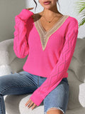 Openwork V-Neck Long Sleeve Sweater - Trendsi - Flyclothing LLC
