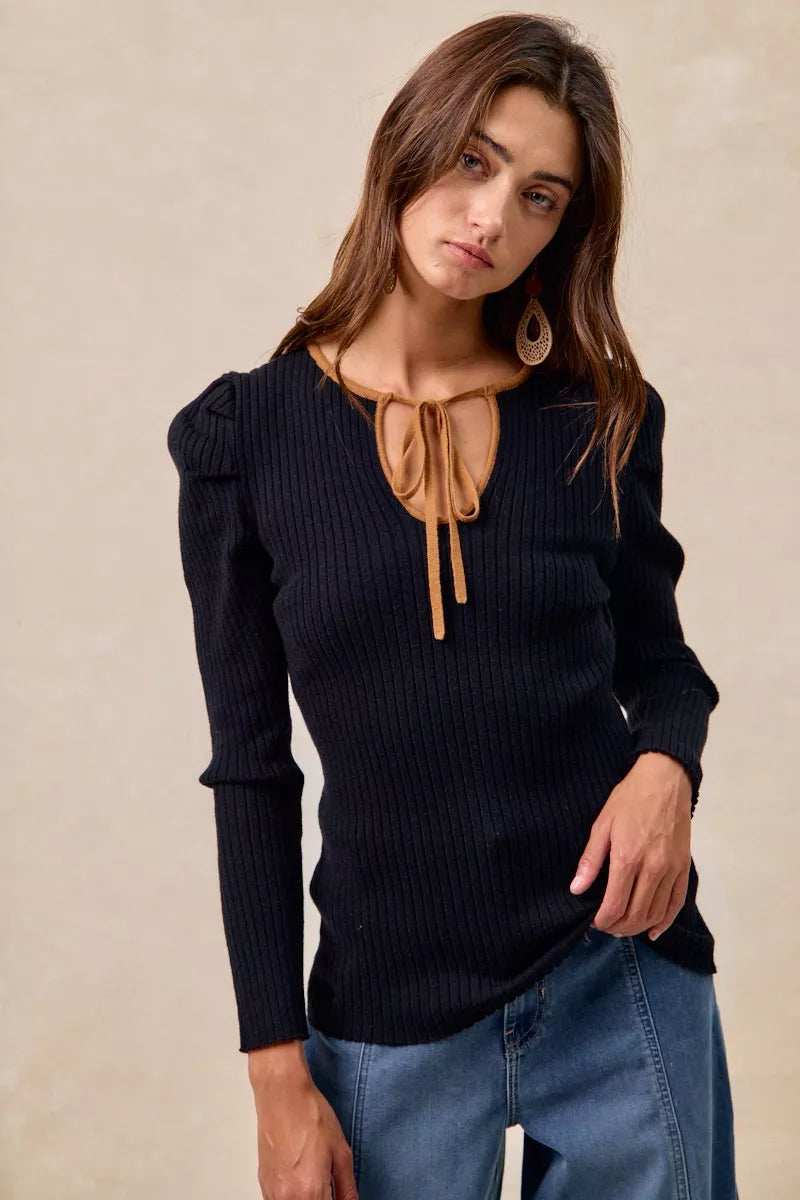 BiBi Ribbed Contrast Front Tied Top with Shrried - Trendsi - Flyclothing LLC