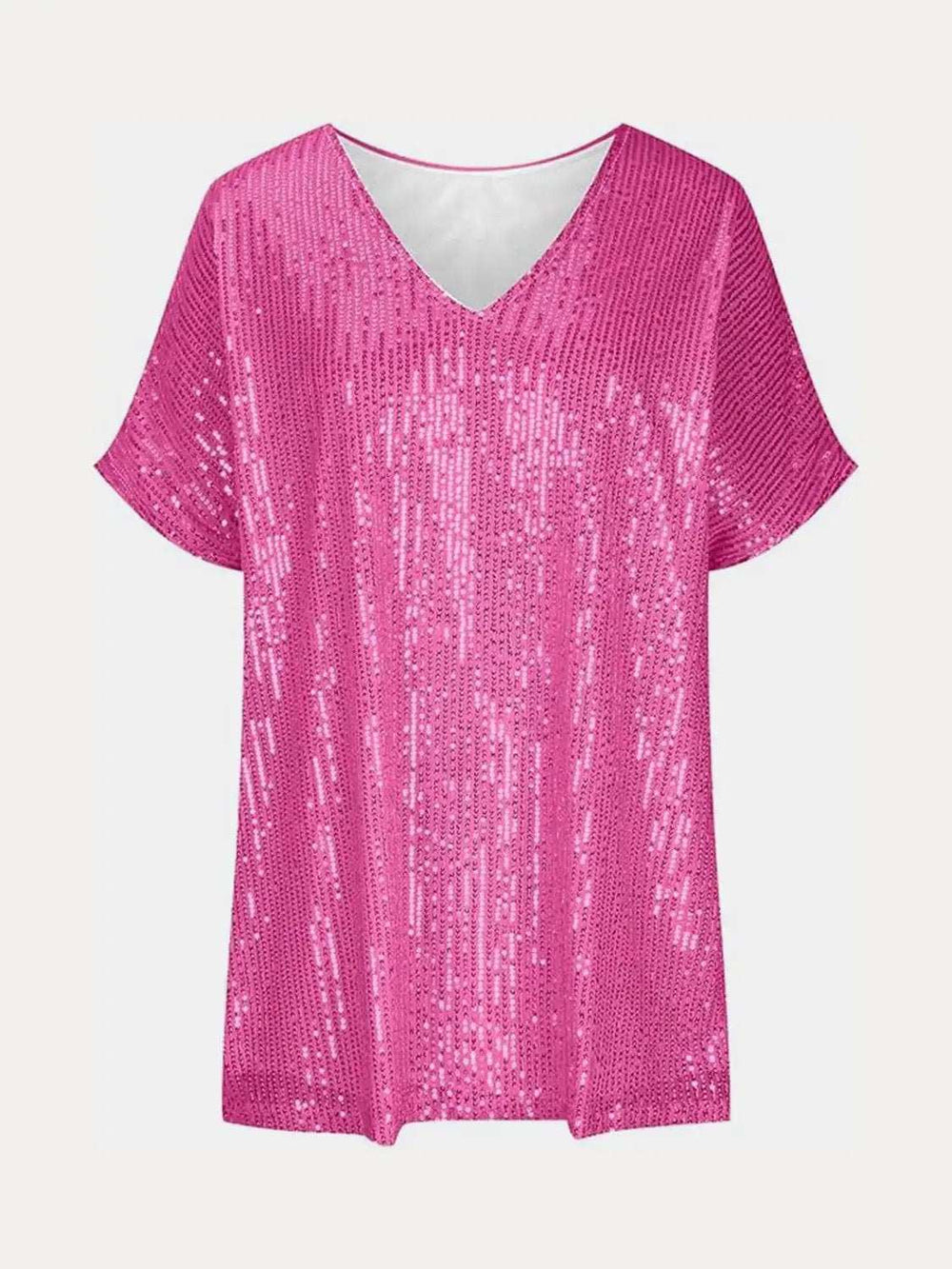 Full Size Sequin V-Neck Short Sleeve Top - Trendsi - Flyclothing LLC