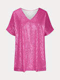 Full Size Sequin V-Neck Short Sleeve Top - Trendsi - Flyclothing LLC