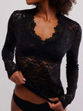V-Neck Long Sleeve Lace Top - Trendsi - Flyclothing LLC