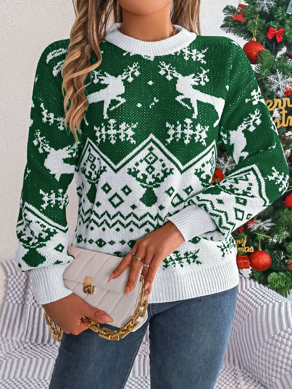 Christmas Element Round Neck Long Sleeve Sweater - Trendsi - Flyclothing LLC