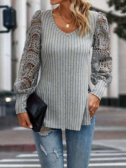 Slit Round Neck Lace Long Sleeve T-Shirt - Trendsi - Flyclothing LLC