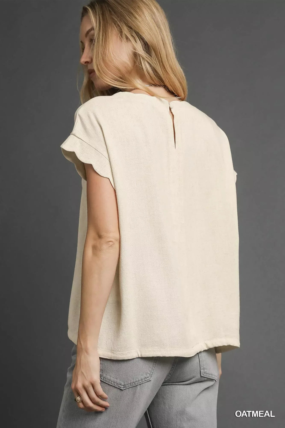 Umgee Linen Scalloped Round Neck Top - Trendsi - Flyclothing LLC