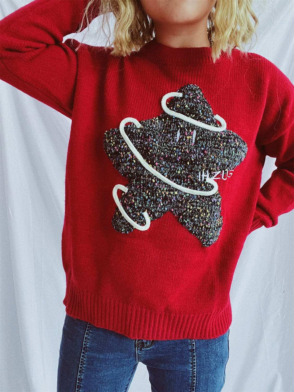 Contrast Star Round Neck Long Sleeve Sweater - Trendsi - Flyclothing LLC