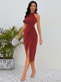 Slit Ruched Mock Neck Sleeveless Dress - Trendsi - Flyclothing LLC