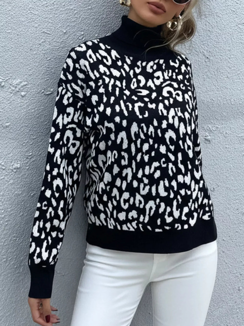 Leopard High Neck Pullover Sweater - Trendsi - Flyclothing LLC