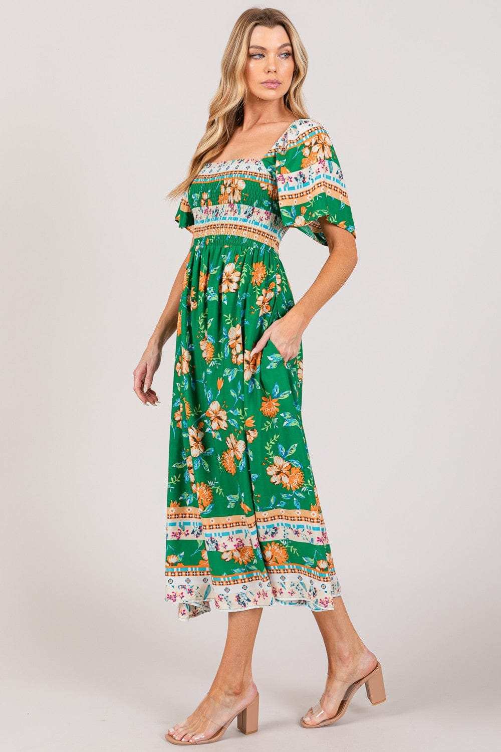 SAGE + FIG Printed Smocked Short Sleeve Midi Dress - Trendsi - Flyclothing LLC