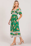SAGE + FIG Printed Smocked Short Sleeve Midi Dress - Trendsi - Flyclothing LLC
