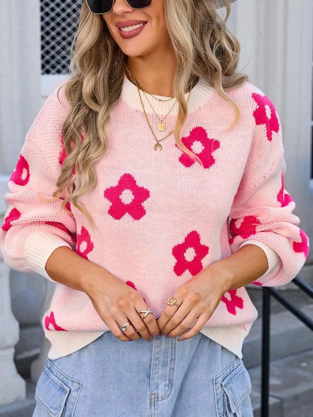 Flower Round Neck Dropped Shoulder Sweater - Trendsi - Flyclothing LLC