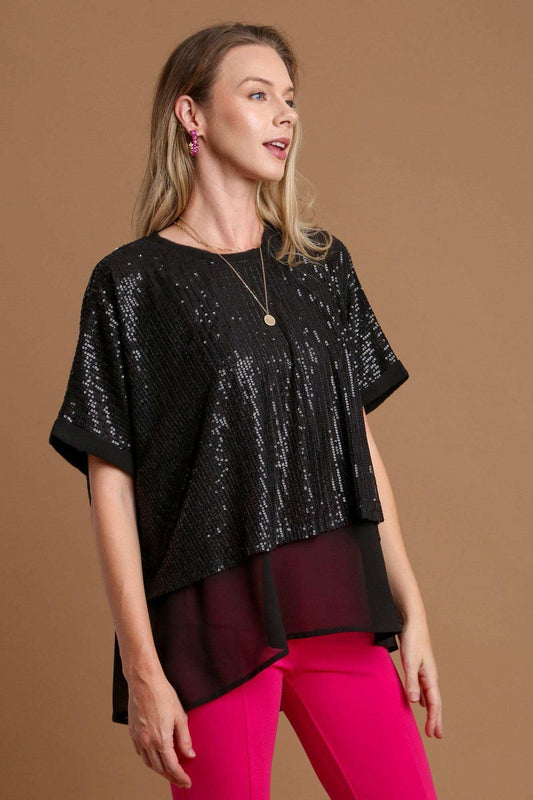 Umgee Sequin Half Sleeve Layered Blouse - Trendsi - Flyclothing LLC
