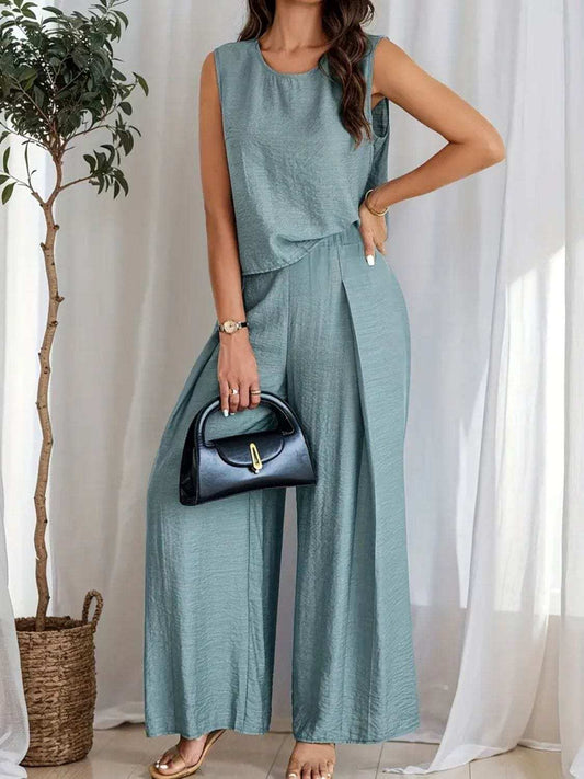 Round Neck Sleeveless Top and Wide Leg Pants Set - Trendsi - Flyclothing LLC