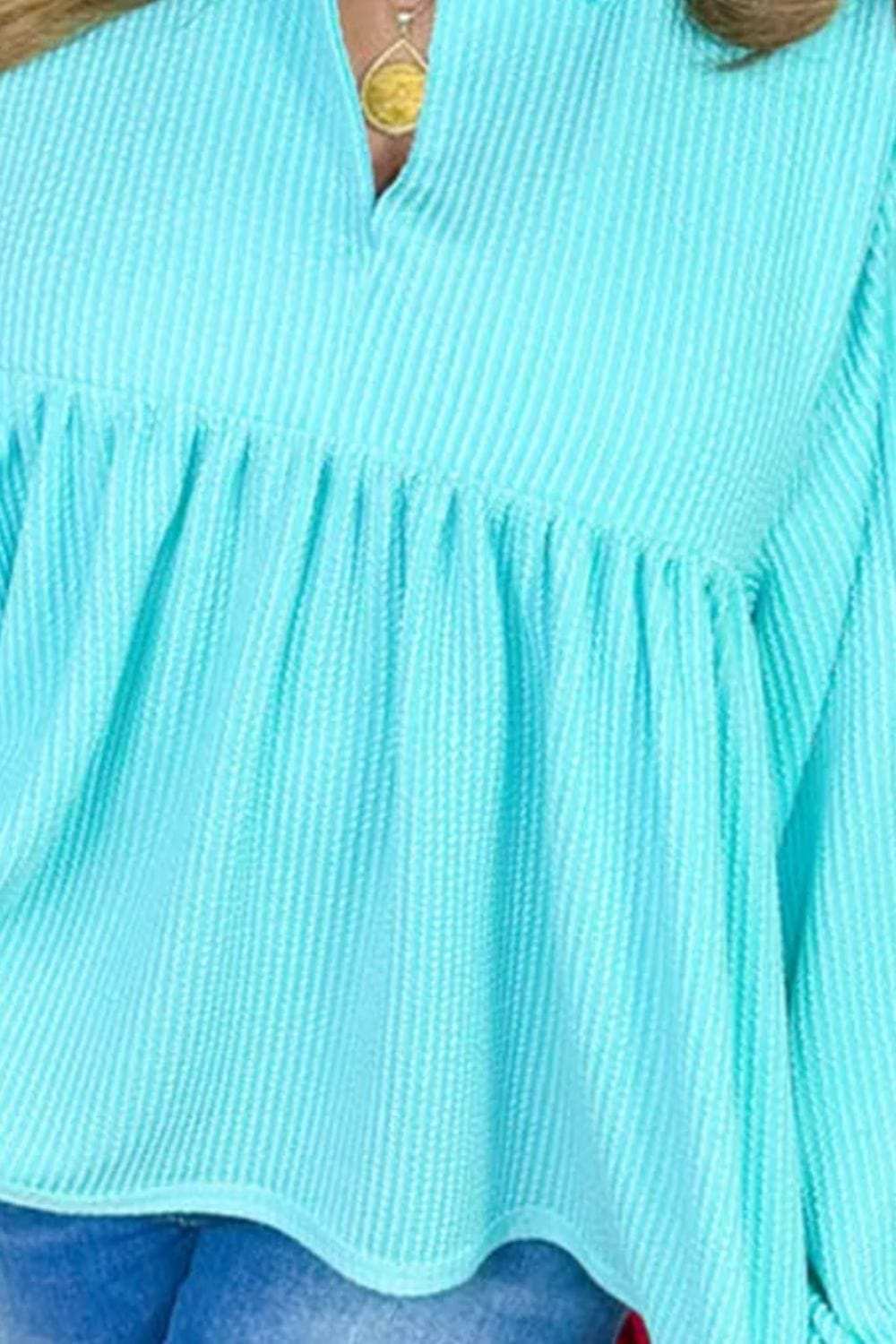 Plus Size Textured Peplum Long Sleeve Blouse - Trendsi - Flyclothing LLC