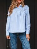 Stripe Shirred Detail Half Placket Collared Long Sleeve Shirt - Trendsi - Flyclothing LLC