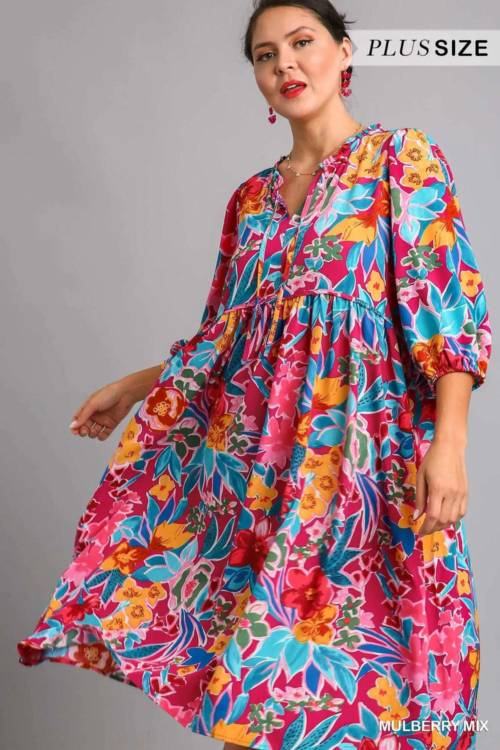 Umgee Full Size Floral Print Tie Neck Midi Dress with Pockets Plus Size - Trendsi - Flyclothing LLC
