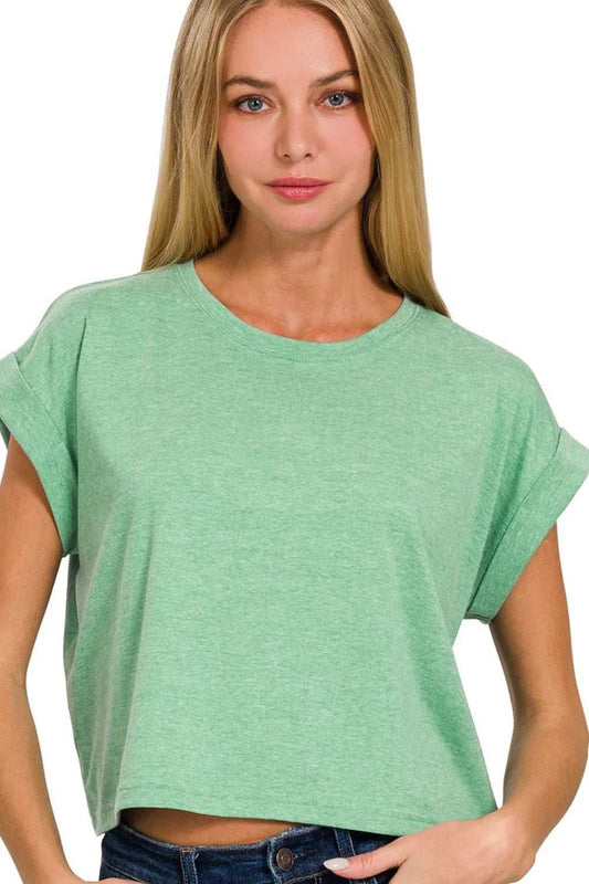 Zenana Rolled Sleeve Crop T-Shirt - Trendsi - Flyclothing LLC