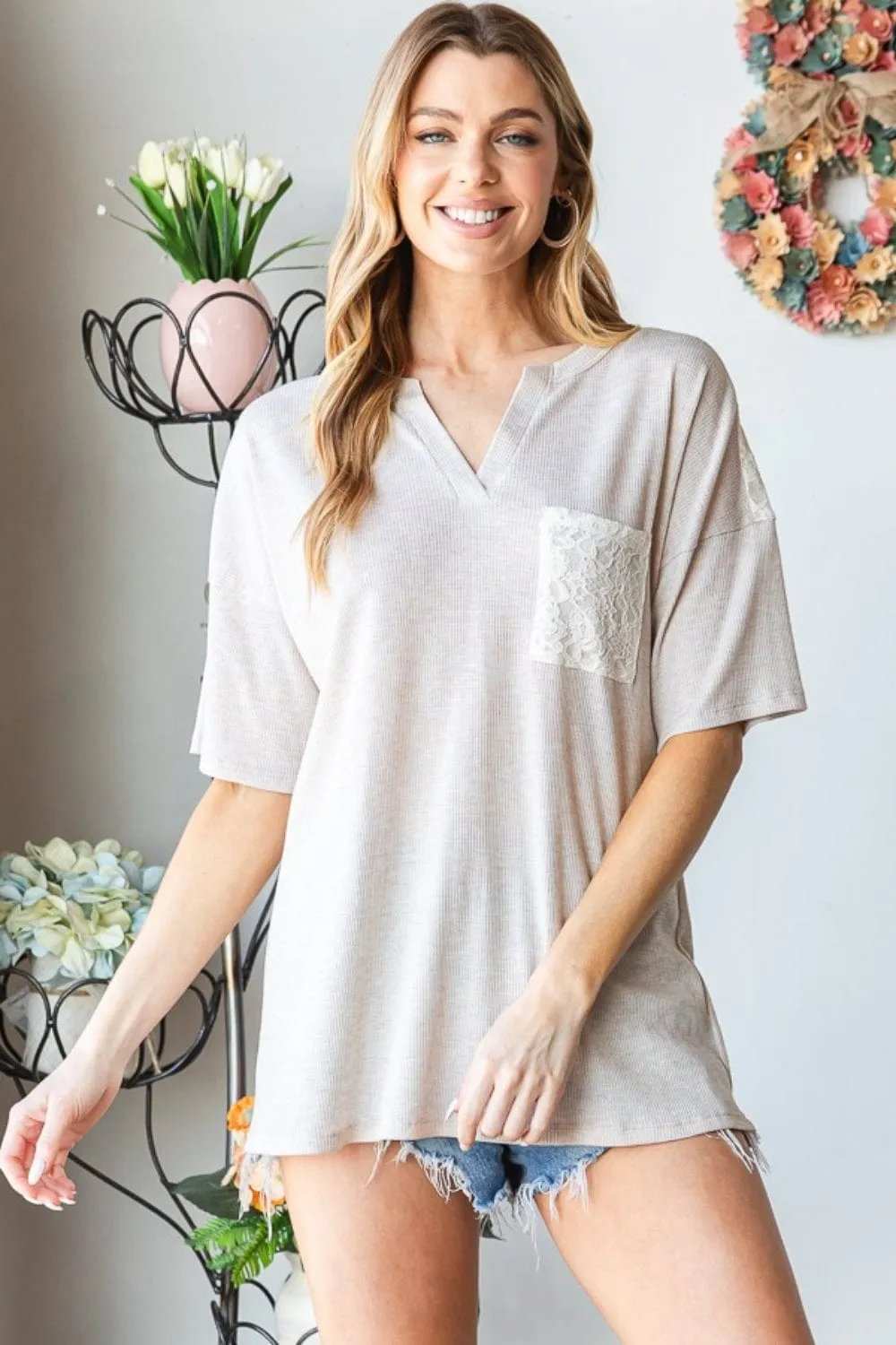 Heimish Full Size Lace Front Pocket Drop Shoulder Top - Trendsi - Flyclothing LLC