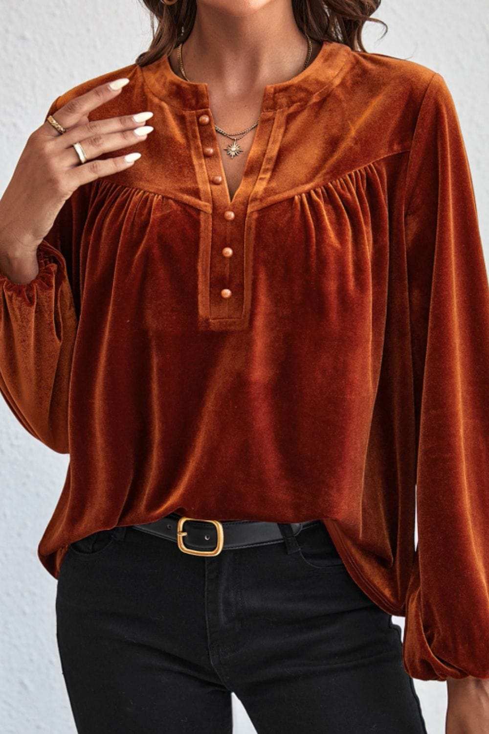 Notched Long Sleeve Velvet Top - Trendsi - Flyclothing LLC