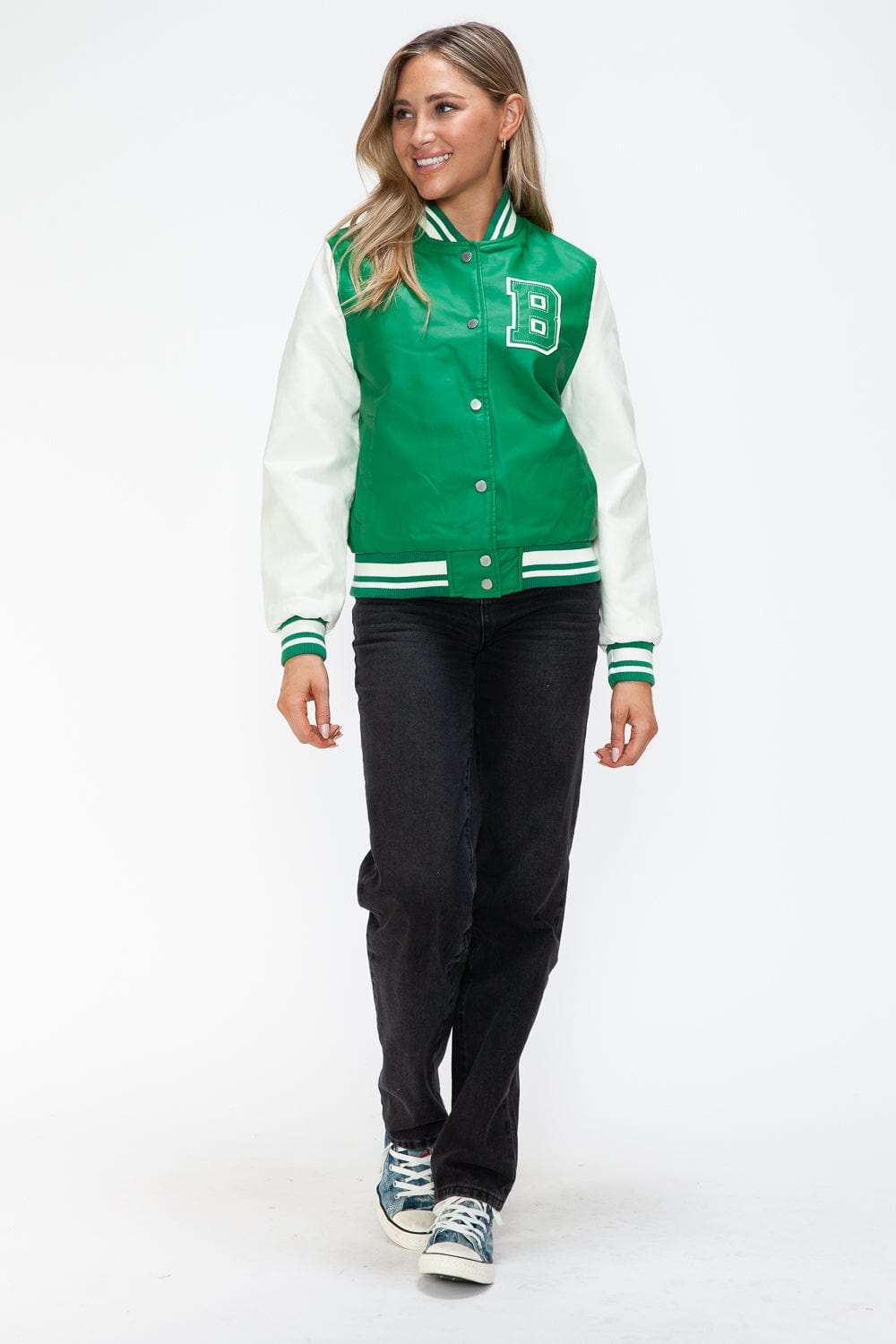 Love Me Now PU Leather Contrast Snap Down Bomber Jacket - Trendsi - Flyclothing LLC