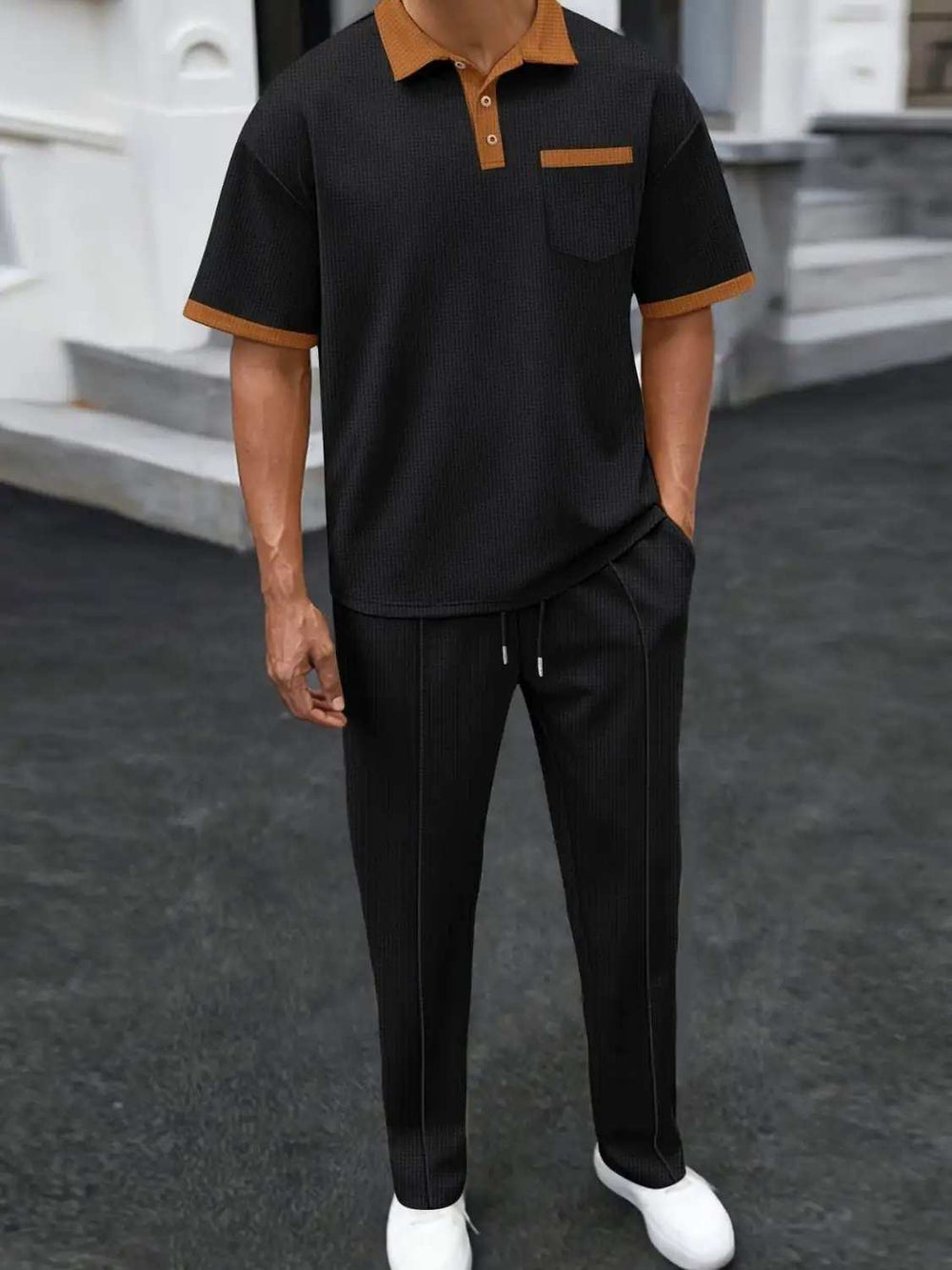 Men's Full Size Waffle-Knit Contrast Polo and Pants Set Plus Size - Trendsi - Flyclothing LLC