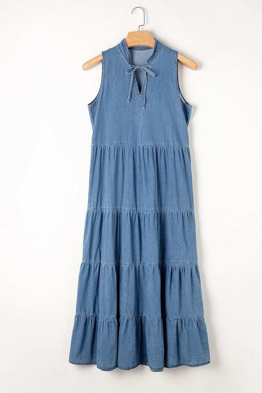 Tie Neck Tiered Maxi Denim Dress - Trendsi - Flyclothing LLC