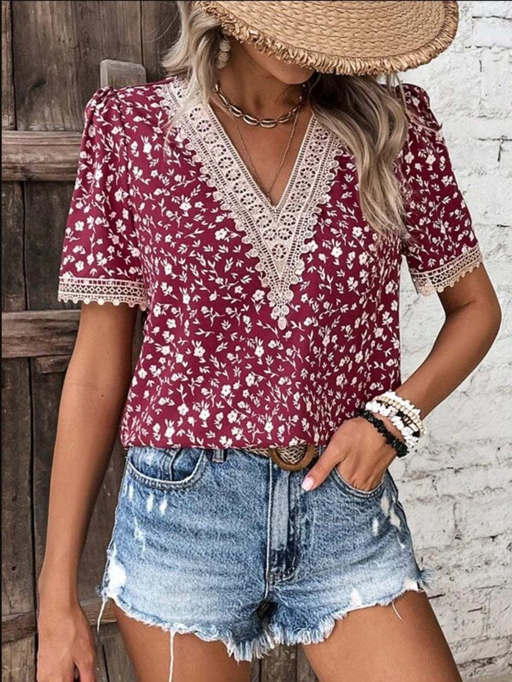 Full Size Printed V-Neck Short Sleeve Blouse - Trendsi - Flyclothing LLC